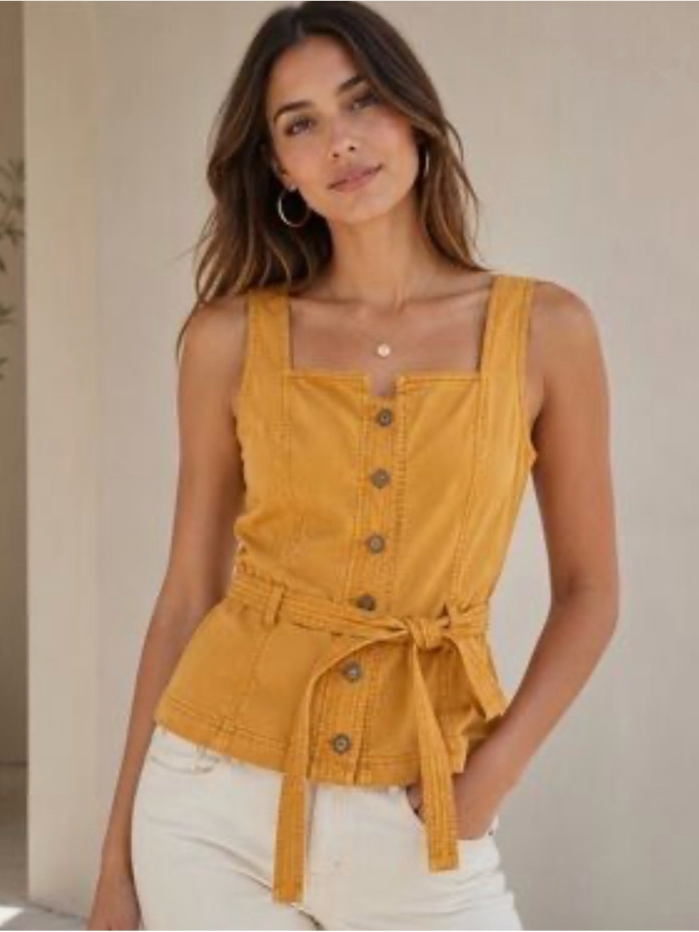 NWOT White House Black Market Mustard Square-Neck Button Front Tie-Waist Tank